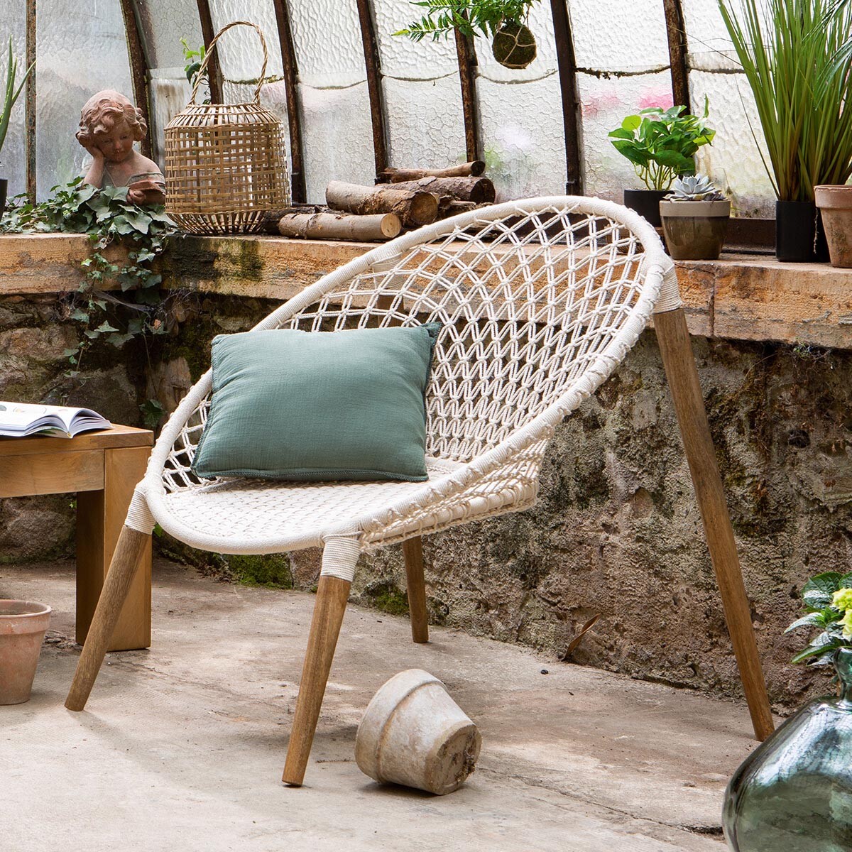 Poltrona "Raina" Teak, cotone bianco intrecciato Bianco