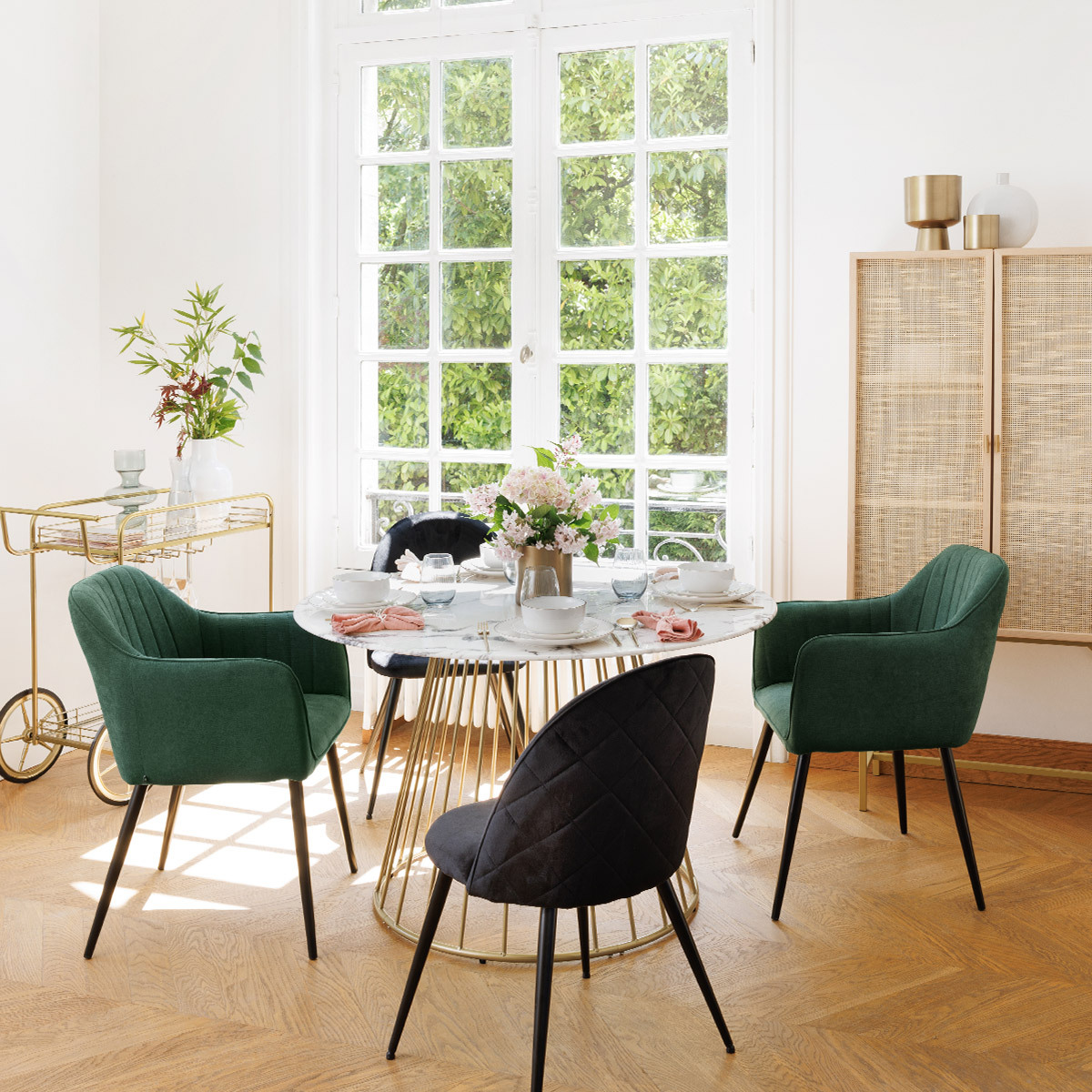 Tavolo da pranzo "Rayo" Bianco effetto marmo, Dorato, D.120 cm Bianco