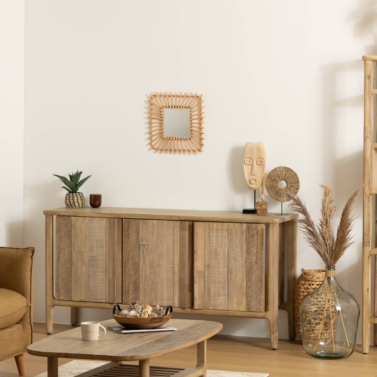 Specchio "Leoni" Rattan, 40x40 cm Legno naturale