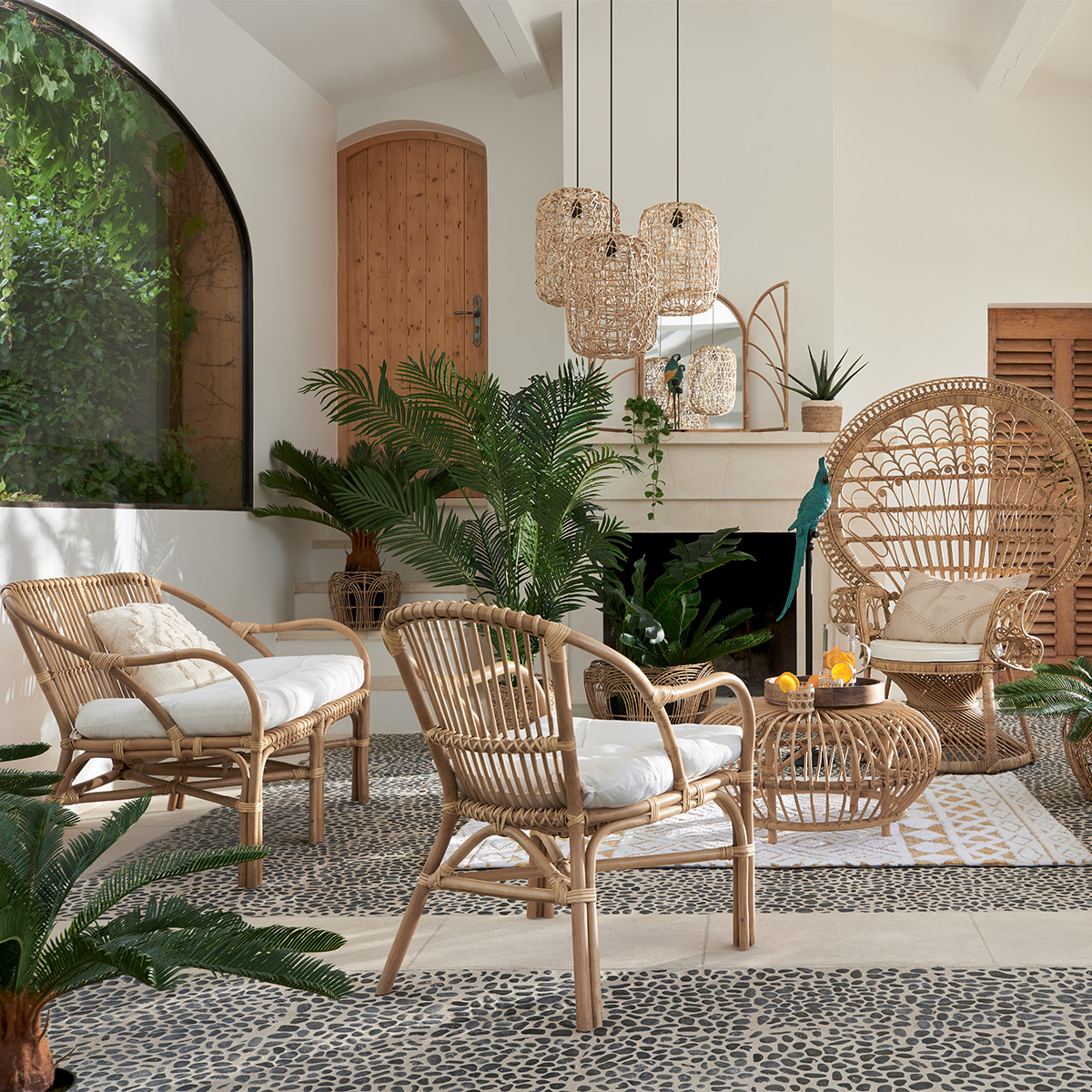 Panca "Neta" 2 posti, Rattan, Tessuto bianco Bianco