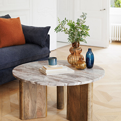 Tavolino "coppa" marmo e legno di mango, d.91 cm