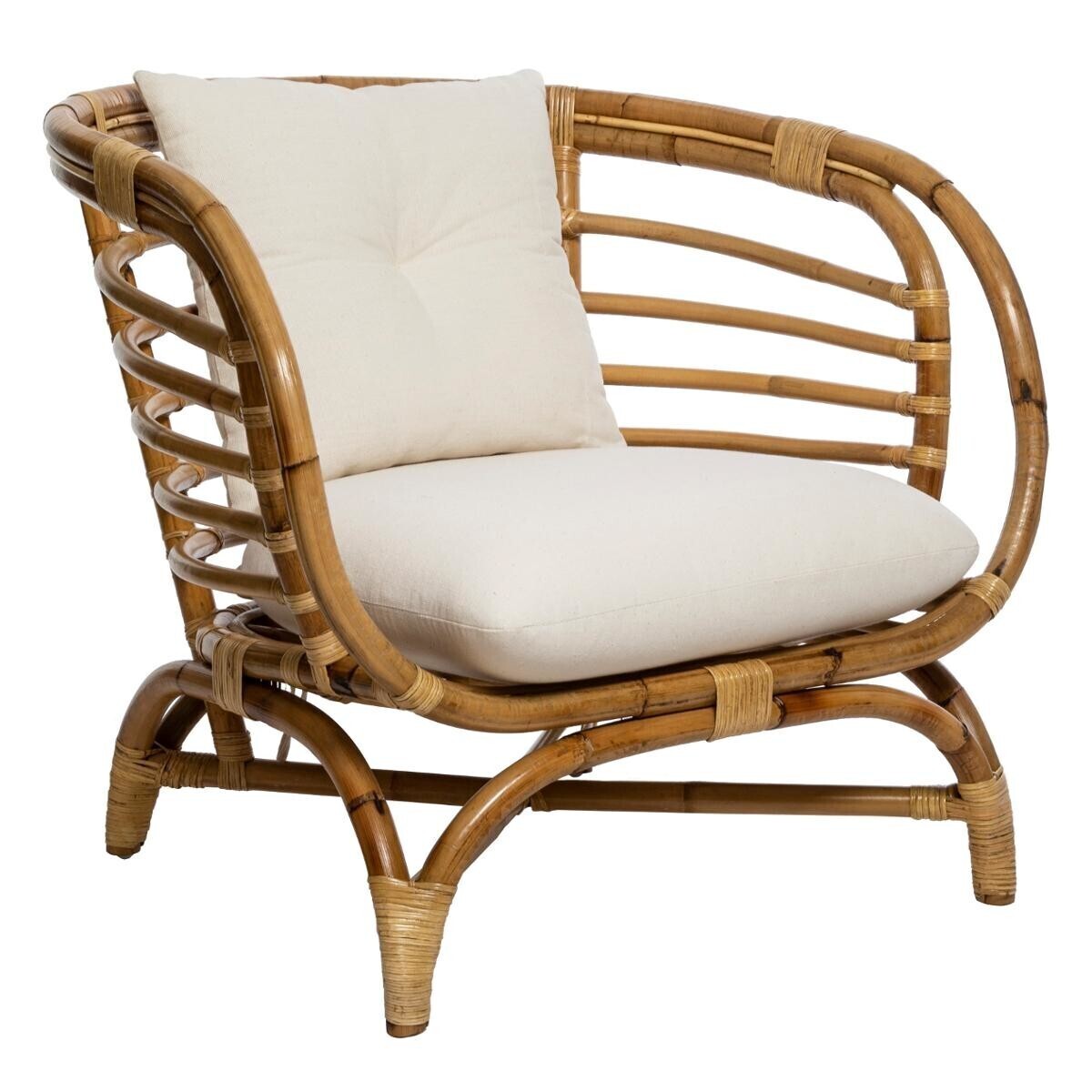 Ensemble canap&eacute;, 2 fauteuils et table basse "Farah" Rotin, Tissu blanc Bianco