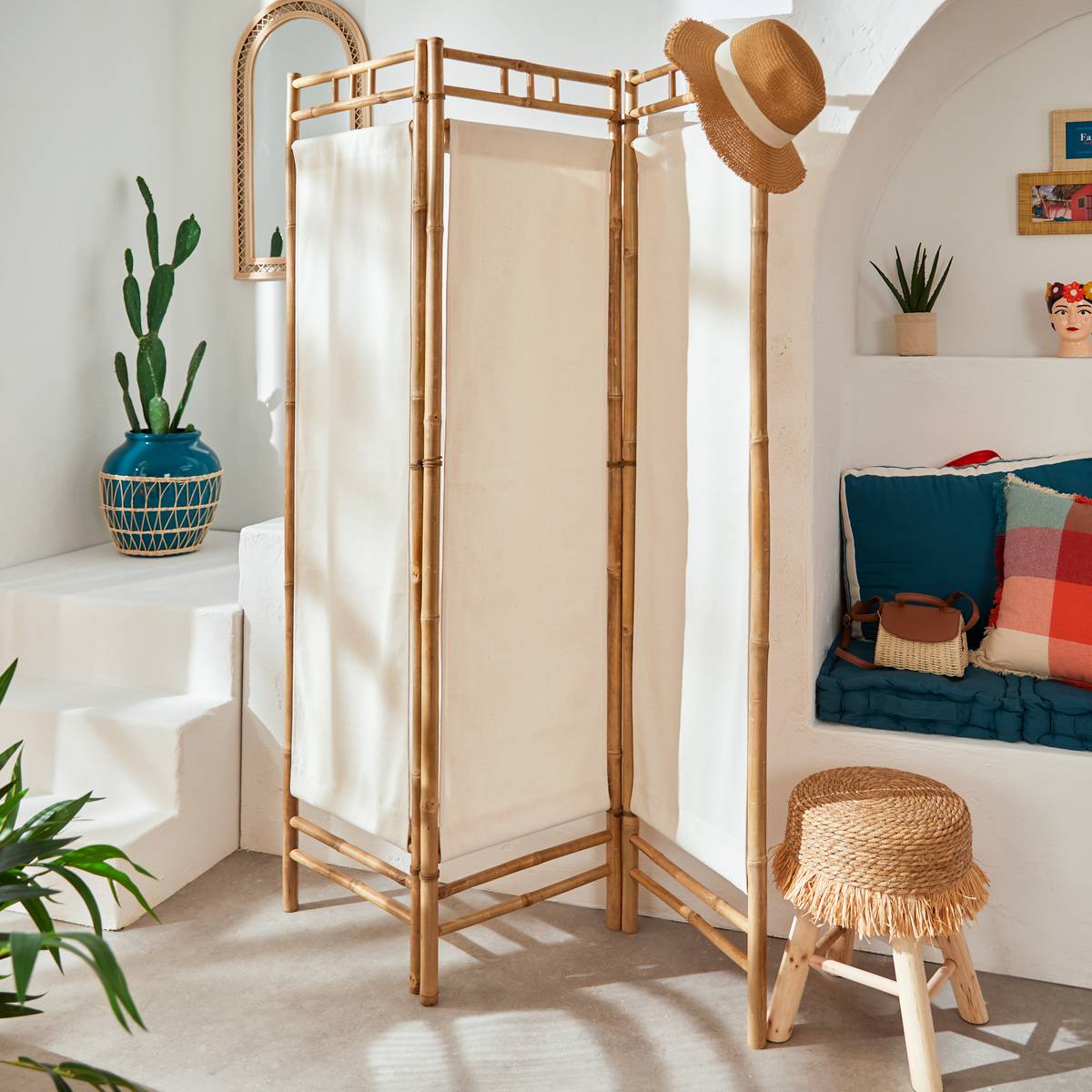 Paravento "Kalel" Bambù, Bianco, 135,5 x 170 cm Bianco